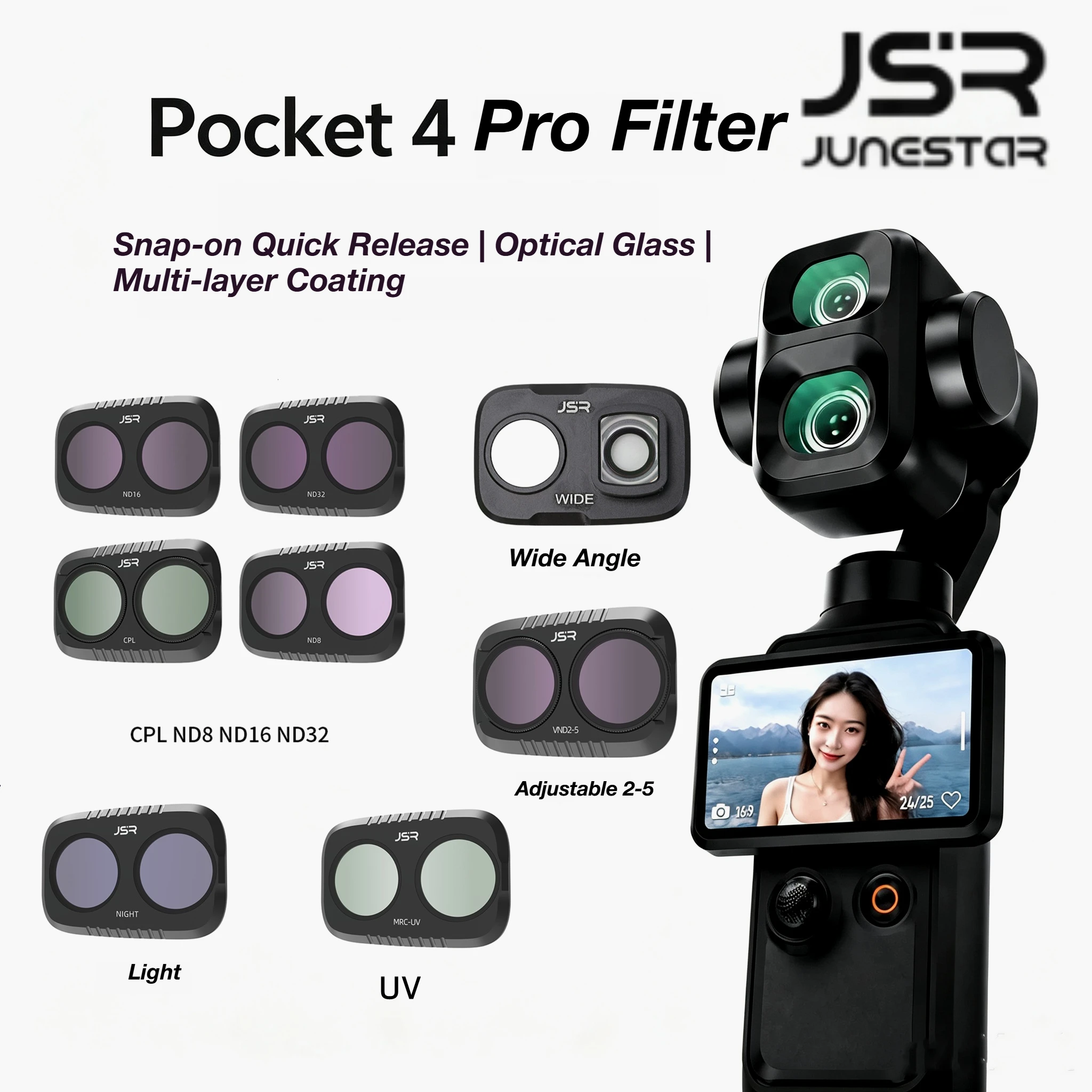 Filter Kit for DJI Osmo Pocket 4P with CPL Filter 1/4 Black Diffusion / VND1-5 Filter, Glass Multi-Layer Coatings