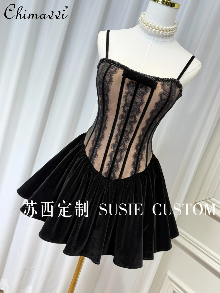 

French Elegant Retro Socialite Birthday Party Dresses Sleeveless Beaded Bow Lace Velvet High Waist Puffy Short Dress for Women