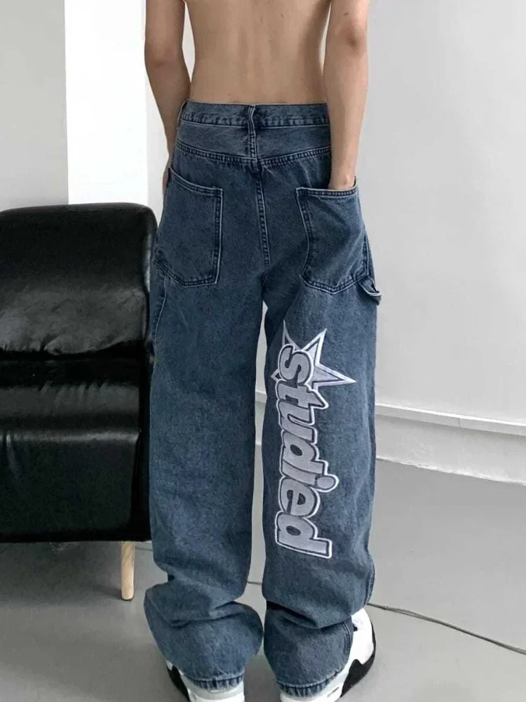 Jeans Vintage Baru Musim Semi Musim Gugur 2025 Pria Jeans Cetak Huruf Hip Hop Celana Kaki Lebar Kaki Lurus Longgar