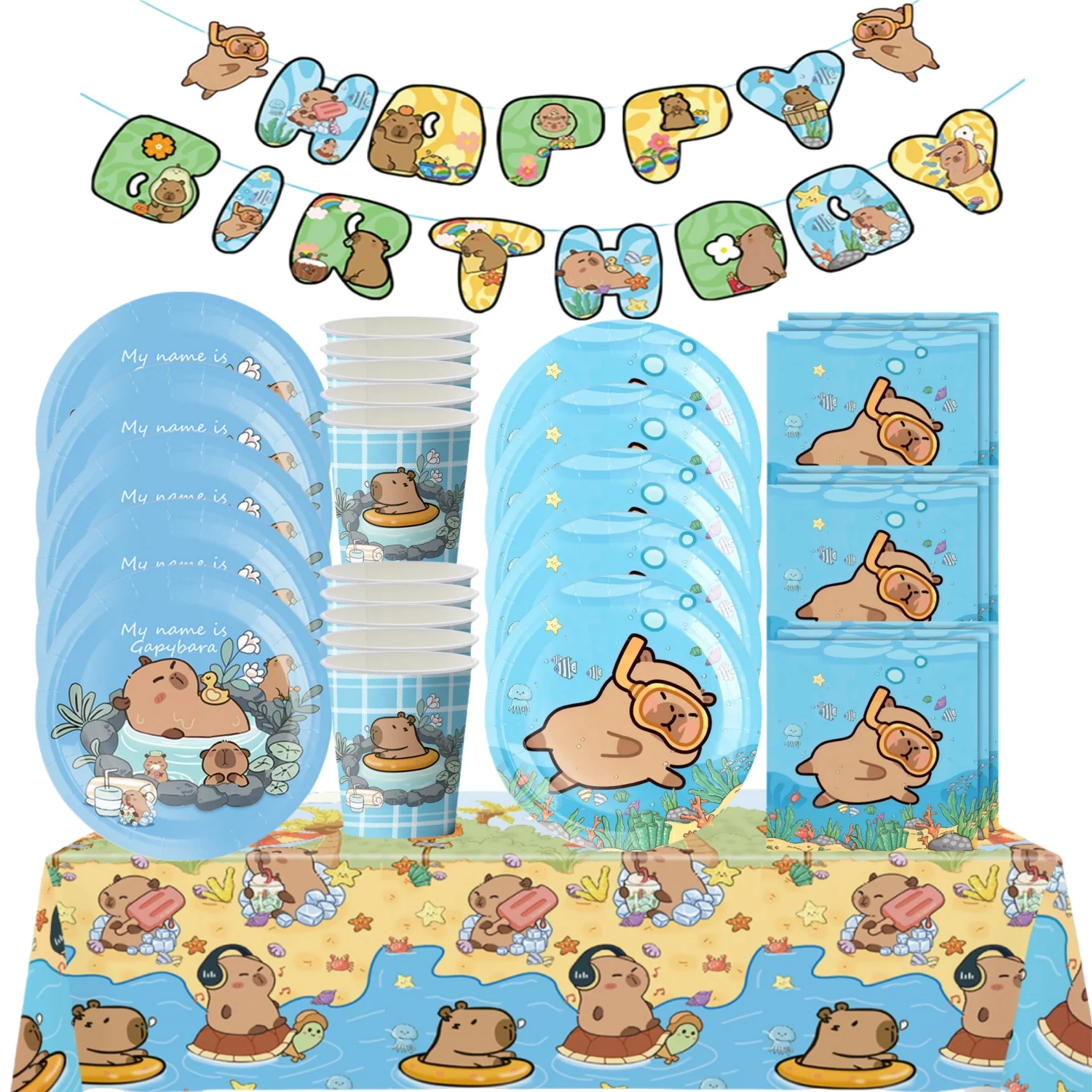 cute Capybara Birthday Party Decor Cartoon Capybara Disposable Tableware Set Tablecloth Plate Cup Kids Favor Gift Party Supplies