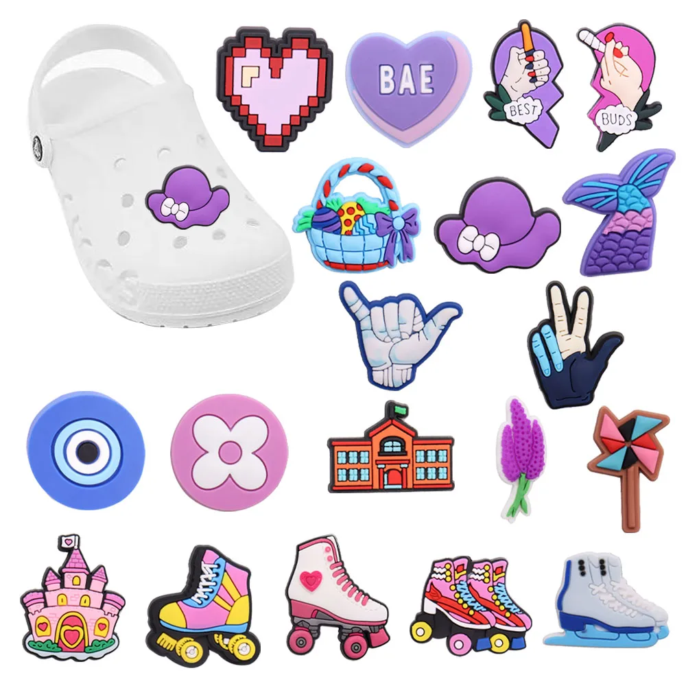 Hot Sale 1-19pcs PVC Shoe Charms Roller Skating Castle Purple Hat Heart Accessories DIY Shoes Decorations For Kids X-mas Gift