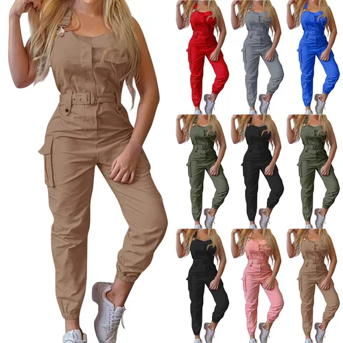 Imagen 2 del producto Mameluco Cargo de talla grande para mujer, tendencia de moda, monos con bolsillo y cierre de cintura alta, mono sencillo liso y cómodo con tirantes 5xl