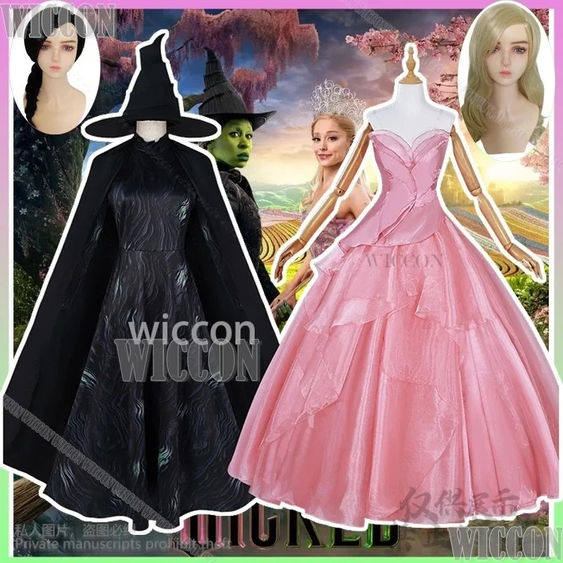 

XT8Elphaba Glinda Anime Movie Magic Witch Cosplay Wicked Uniform Pink Black Lolita Dress Wigs Hat Halloween Party CusXT6@!