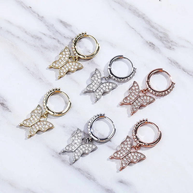 Iced Out Cubic Zirconia Butterfly Dangle Huggie Hoop Earrings Bling Insect Drop Earrings Hip Hop INS Design Jewelry