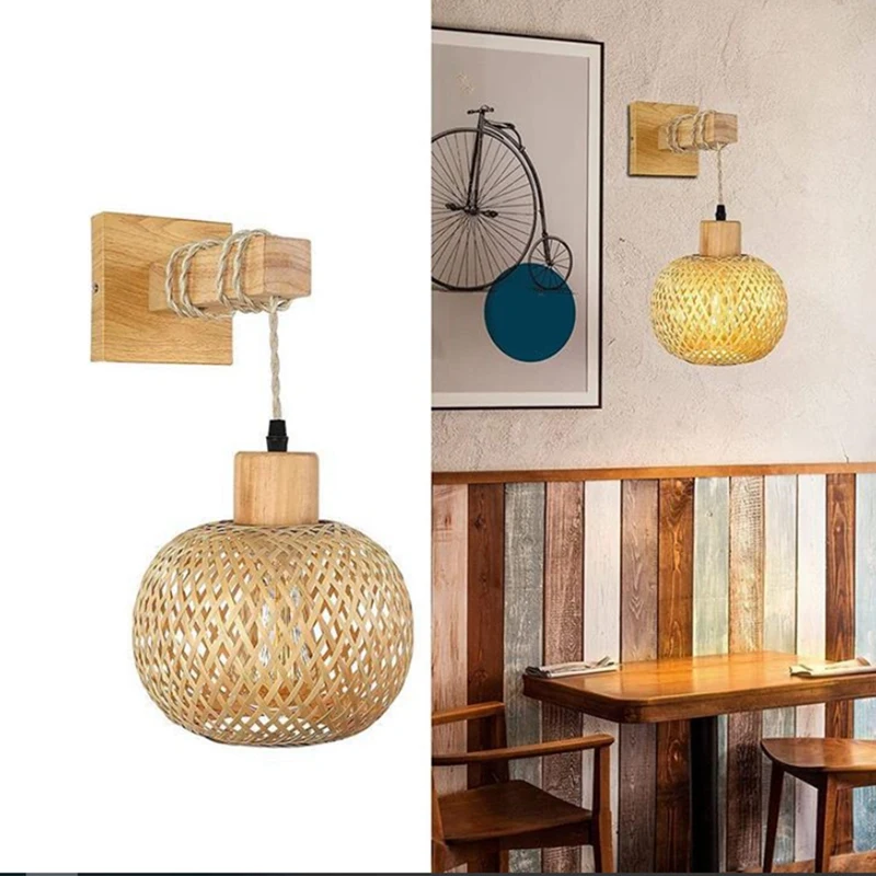 Retro Japanese Style Bamboo Bedside Wall Lamp Restaurant Rattan Lampmine Bedroom Background Wall Lamps
