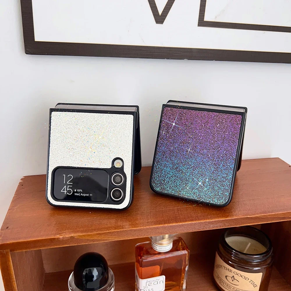 Gradient Glitter Sequins Trim Phone Case For Samsung Galaxy Z Flip 6 5 4 3 5G Soft TPU Frame Shockproof Cover