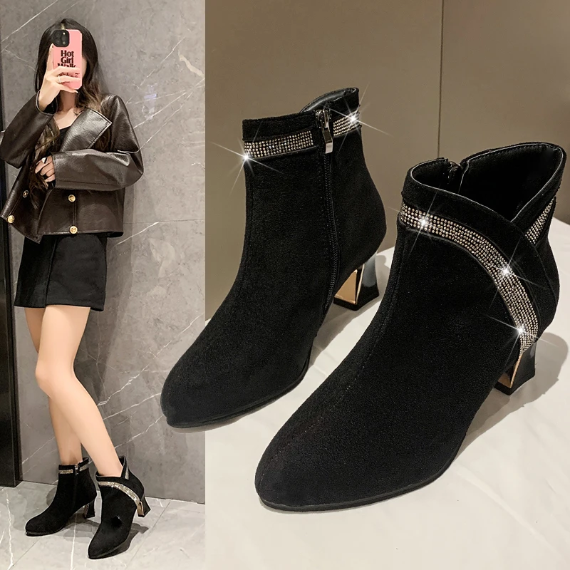 

New High Heel Women's Short Boots Fashion Pointed Toe Women's Boots All-match Suede Stiletto Women's Chunky Heels Ankle Boot