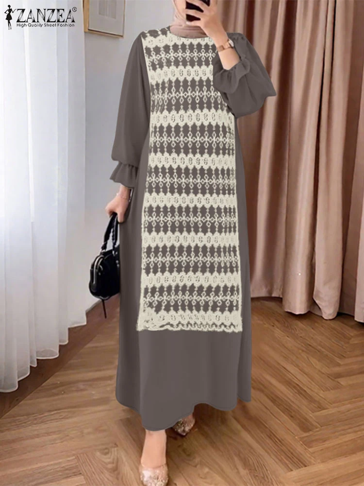 

ZANZEA Islamic Hijab O-Neck Eid Dresses Solid Long Sleeve Loose Casual Lace Patchwork Long Abaya Robes Woman Muslim Modest Dress
