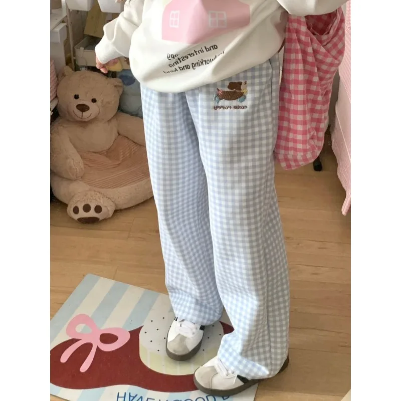 Deeptown Japanese Casual Dot Pants Woman Harajuku Kawaii Cute Wide Leg Embroidery Trousers Korean Autumn High Waist Pantalones