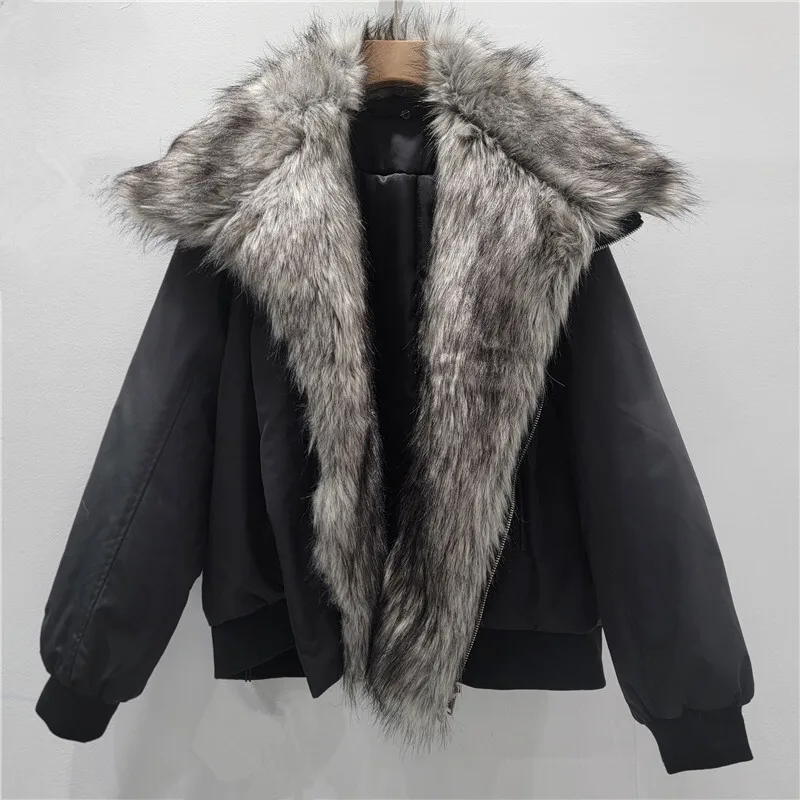 HKSH 2025 Winter New Women's Wadded Jacket Faux Fur Turn-down Collar Patchwork Color Block Luxury Trend Warm Padded Coat HK14624