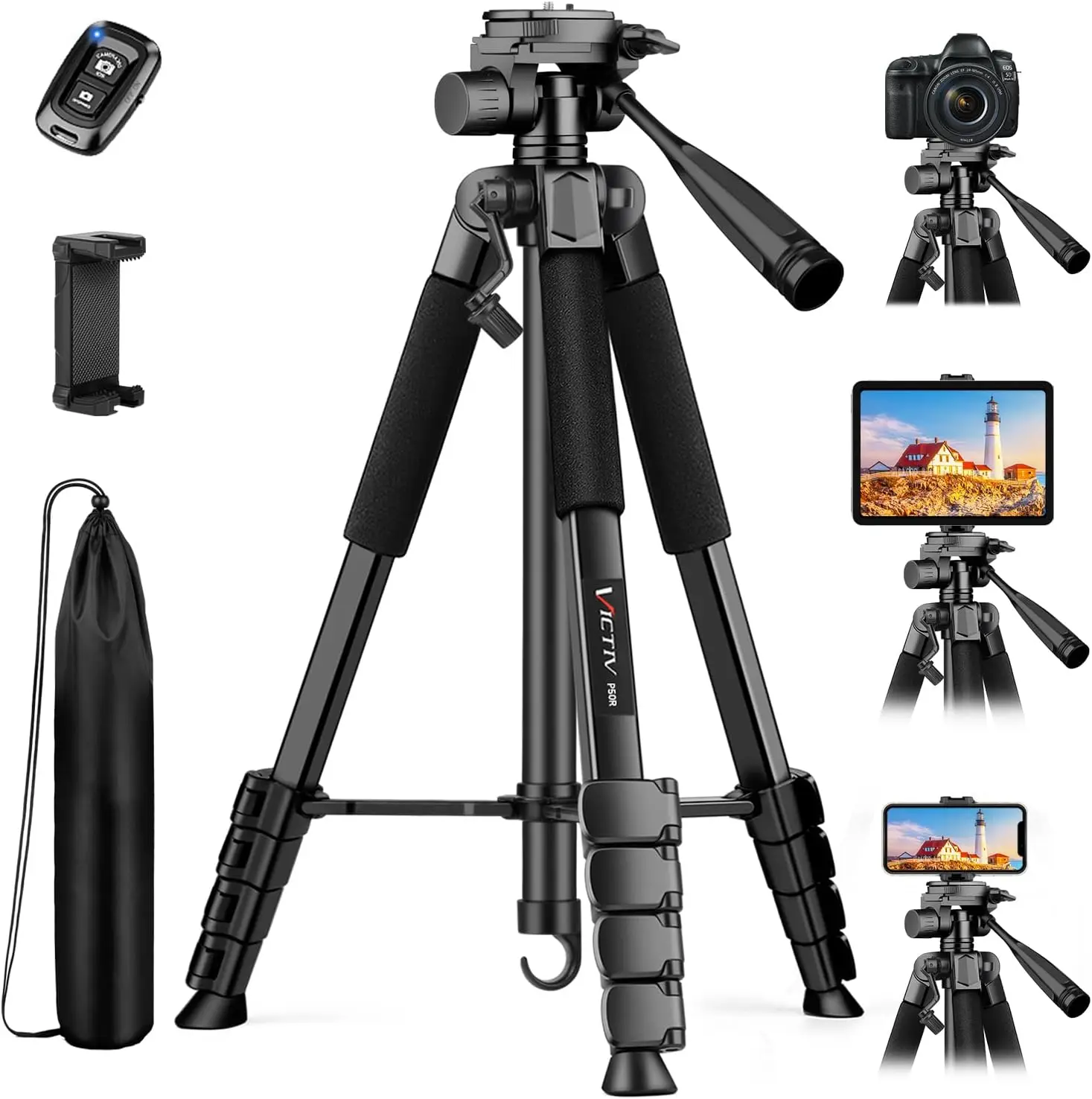 

68" Adjustable Phone Tripod Stand with Remote & Holder, Lightweight Travel Tripod for Camera Tablet iPhone iPad DSLR