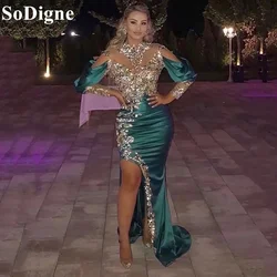 SoDigne Verde Mangas Compridas Sereia Prom Dress Beading Apliques Lace Vestidos De Noite Sexy Side Slit Vestido De Festa Formal Personalizado