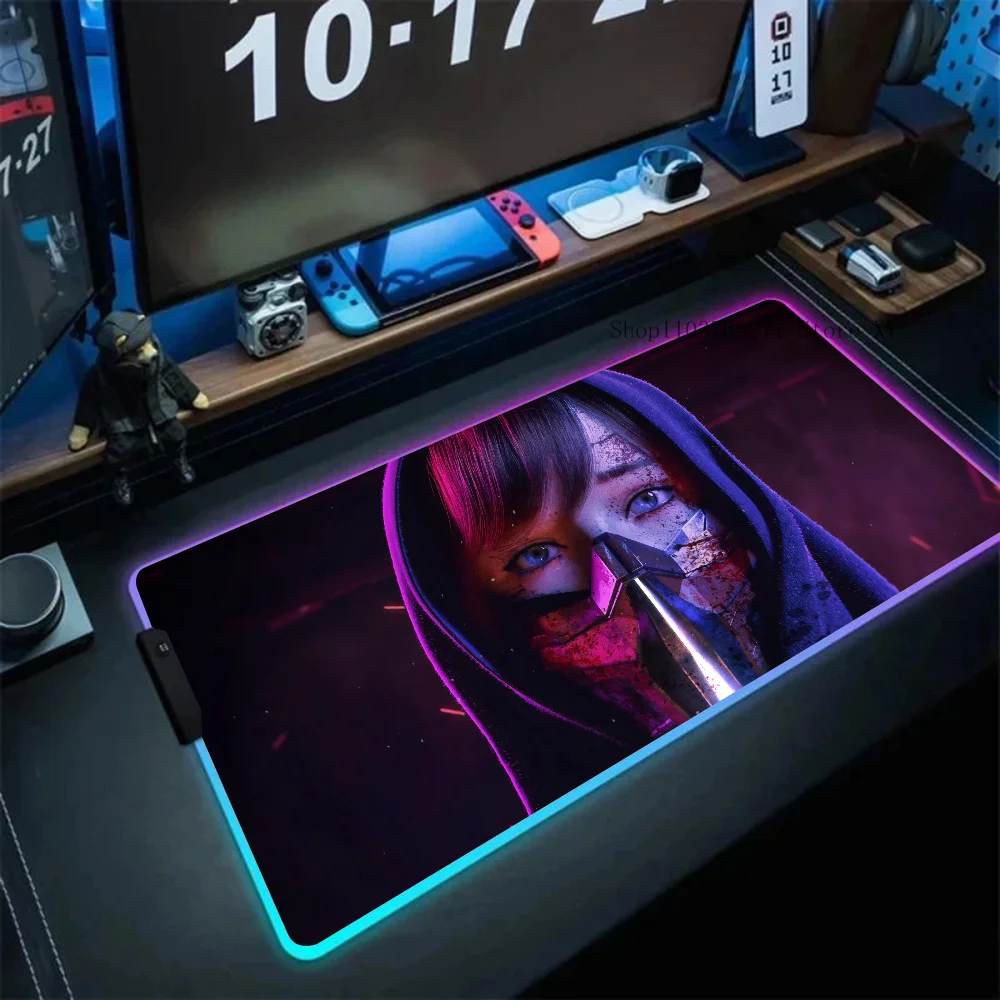 Cyberpunk Girl Mask Mousepad XXL RGB Gaming Mouse Pads HD Black Gamer Accessories Large LED