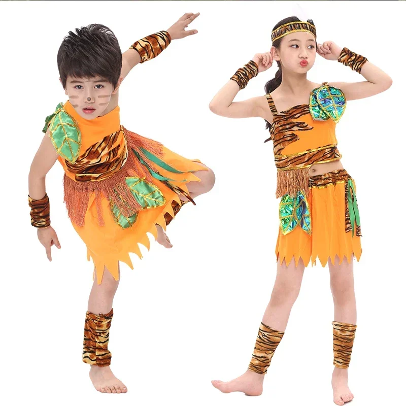 

2025Hot Halloween Cosplay Indian Primitive African Savage Clothing Children Children Men Women Costumes Indian Stage performanc