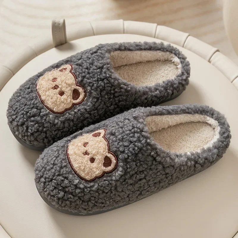 New Women Home Slippers Men Furry Indoor Bedroom Flats Warm Plush Couples Cute Cartoon Bear Winter Floor Slides Non-slip Shoes