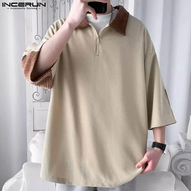 

Fashion Casual Style Tops INCERUN New Men Color Block Splicing Zipper Neck Shirts Streetwear Male Mid Sleeved Lapel Blouse S-5XL