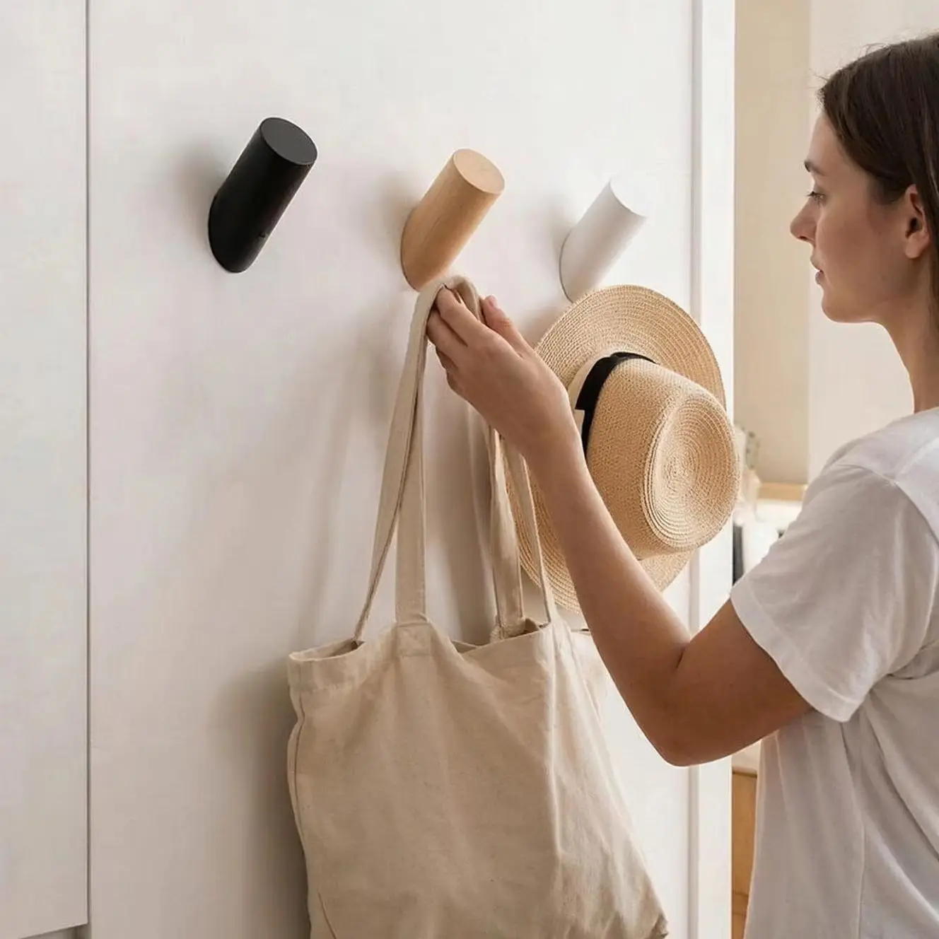 Minimalist Wood Wall Hook Modern Cylinder Coat Rack Mounted Hat Key Holder for Entryway Bathroom Decor