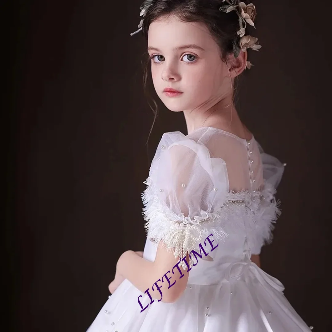 Elegant White Pearls Girls Dress Kids Princess Birthday Wedding Party Holiday Formal Gown Customizable Sizes And Colors