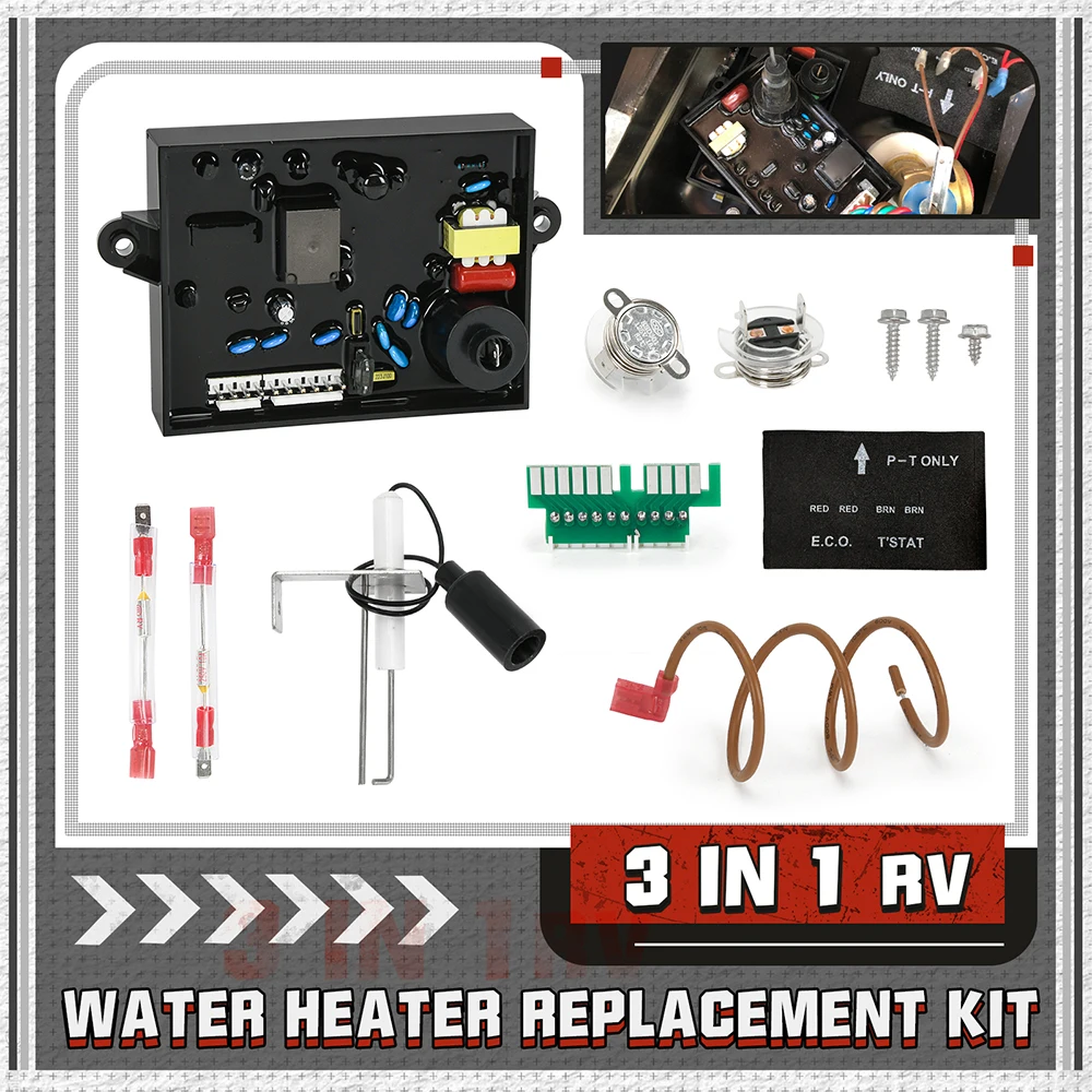 3 in 1 91365 RV Water Heater Control Circuit Board with Fuse,91447 Thermal Cut Off & ECO Thermostat Kit, 93868 Spark Sensor Igni