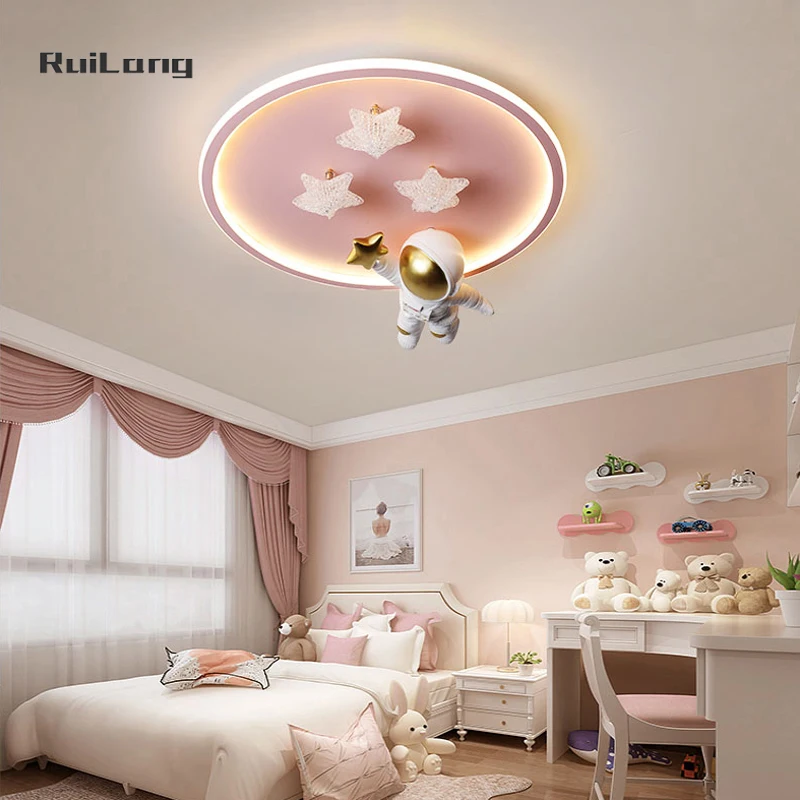 Kawaii Astronaut Ceiling Chandelier Kids Room Girl Boys Bedroom Lamp Ceiling Cute Decor Pink Spaceman Star Led Ceiling Lights