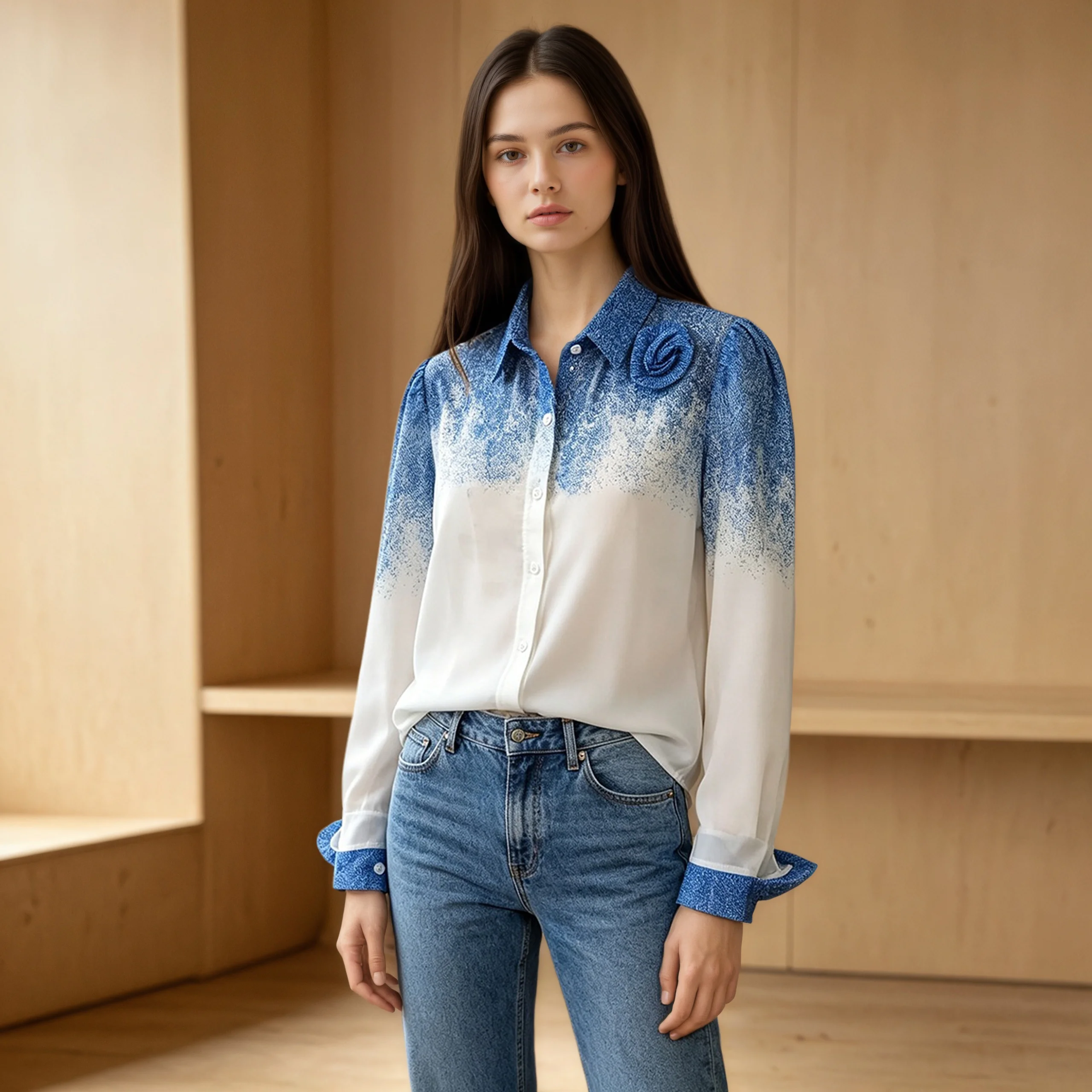 Summer Gradient Color Design Three-Dimensional Flower Casual Long Sleeve Shirt