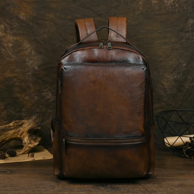 Mochila de cuero vintage para hombre de gran capacidad