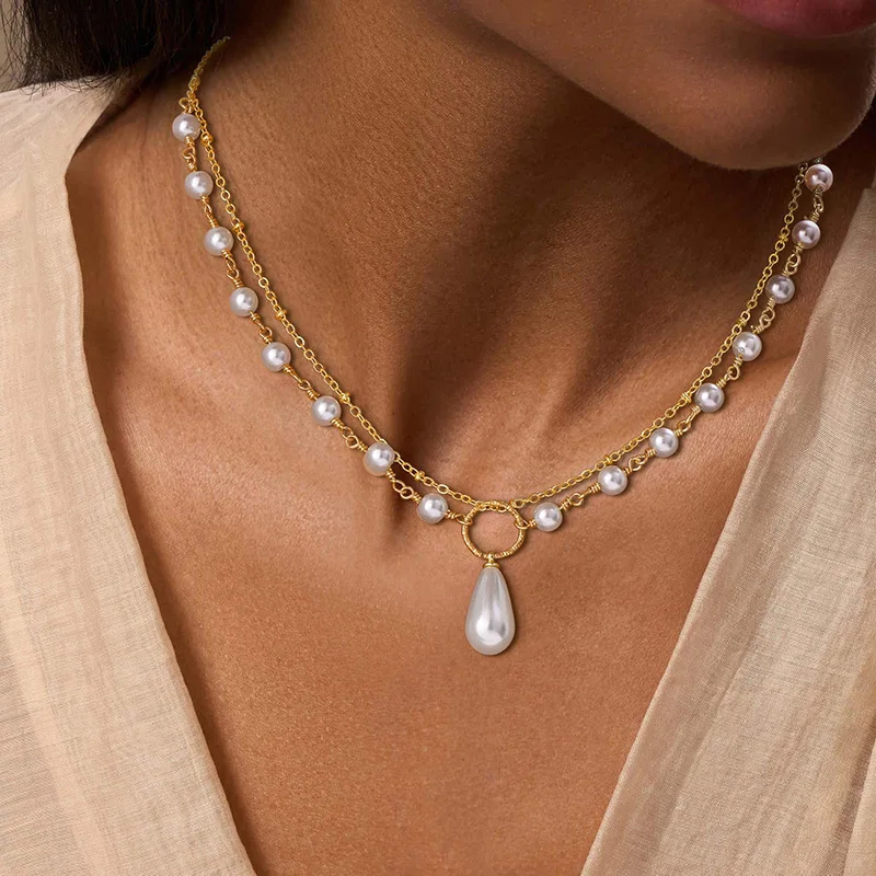 Multi-layer Stackable Pearl Beaded Necklace Delicate Pearl Pendant Long Thin Chain Luxury Neck Jewelry Birthday Gift for Women