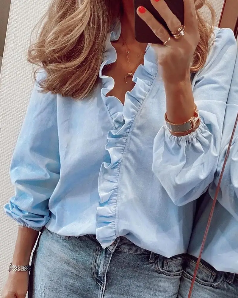 2022 kobiet koszula elegancka Ruffles Casual V Neck z długim rękawem luźna koszula bluzki kobiet jednolity pulower Streetwear nowe topy bluzki