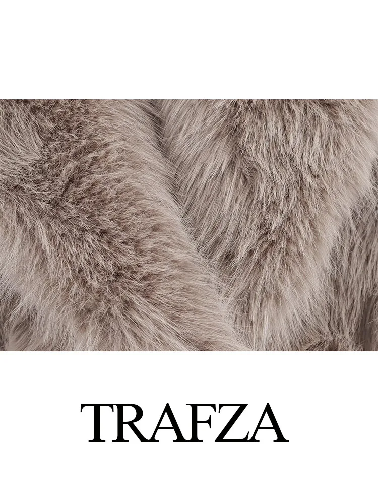 TRAFZA امرأة الصلبة ضئيلة فضفاضة الدافئة فو الفراء سترة معطف المرأة الشتاء موضة كم طويل رفض طوق سميكة معاطف طويلة Mujer