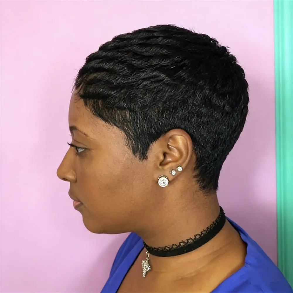 

Короткий прямой многослойный парик из натуральных волос машинной работы, цвет черный, для женщин, для повседневного использования и вечеринок, парик с стрижкой пикси.