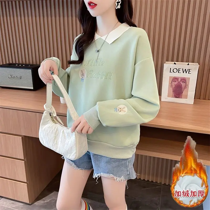 Women Trendy Casual Streetwear Oversize Kawaii Cartoon Embroidery Fleece Sweatshirts Sweet Polo Collar Long Sleeve Pullover Tops