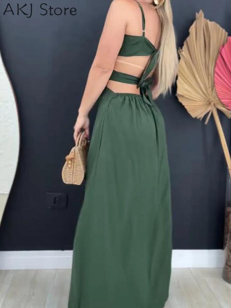 Vestido largo tipo camisola con cintura recortada y espalda atada, vestido informal de vacaciones con abertura en la cintura elástica en la espalda