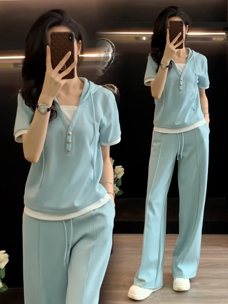 

Nailida Casual Sportswear Set Women Summer Slimming Anti-aging ort Sve Wide Leg Pants Two-piece Cotton Hooded Suit