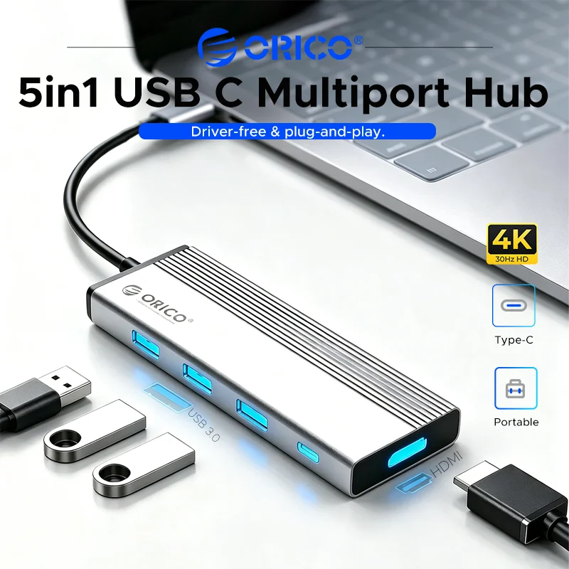 ORICO Docking Station 5in1 USB C Multiport Hub Type C Adapter HDMI RJ45 Ethernet USB3.0 100W PD Fast Charging Splitter for PC
