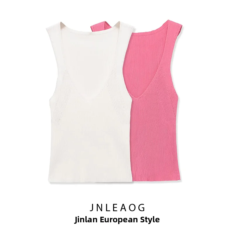 JNLEAOG Spring New Women's Casual Fashion Sleeveless V-neck Ribbed Top Versatile Design Polyester Fabric Outerwear