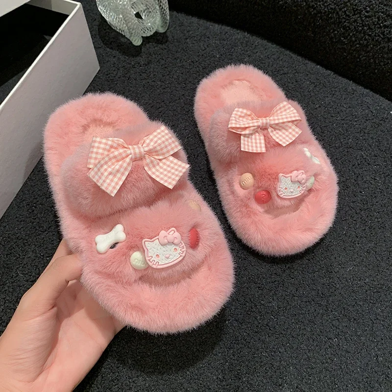 Girls Slippers with Cartoon Decal Bow Non Slip Soft Bottom for Warmth Winter Indoor Suede Casual One-piece Slippers De Mujer