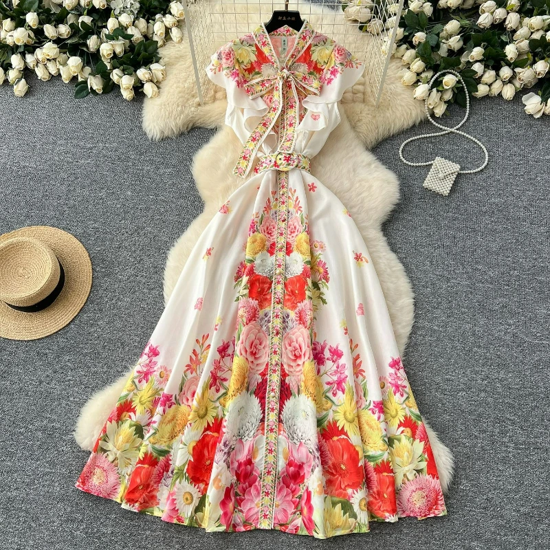 

Dress Print Women Single Breasted Sleeveless Stand Collar Dresses A Line Bow Lace Up Vestidos Lady Casual Y2k Streetwear Summer
