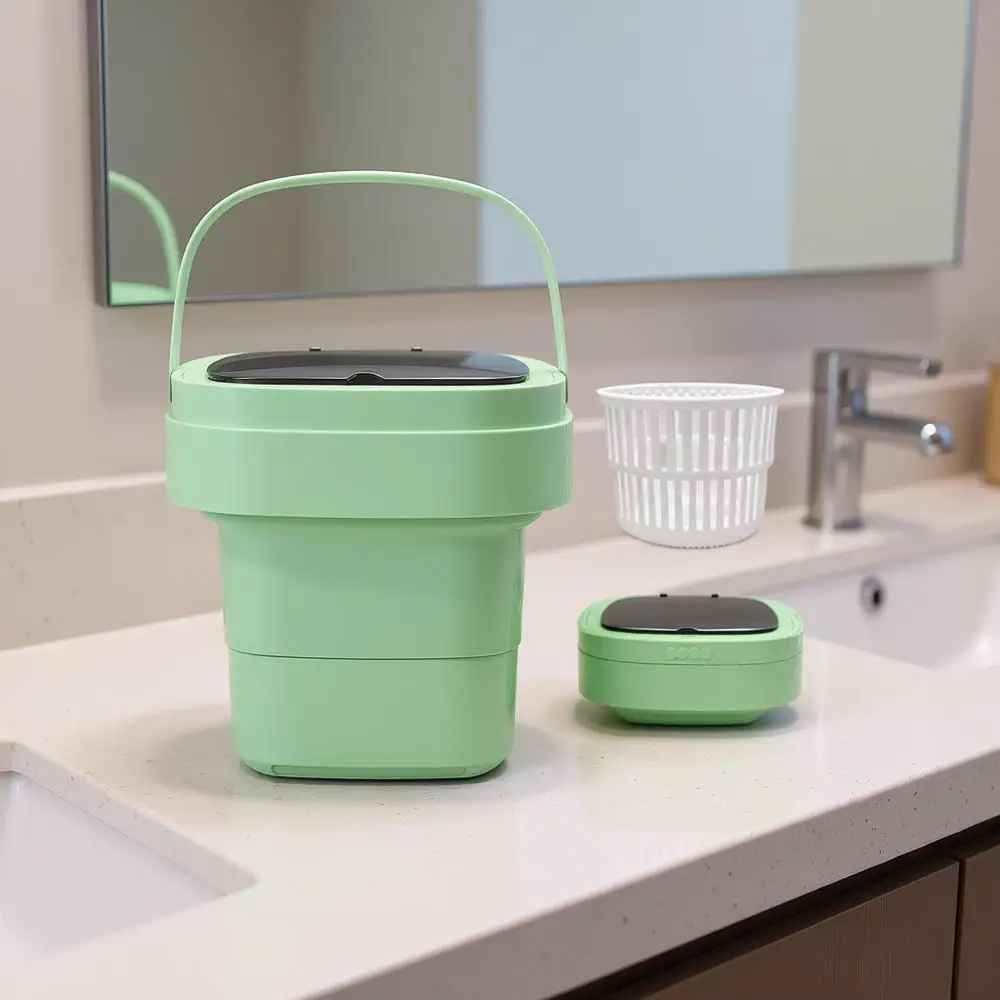 

Портативная стиральная машина со встроенной трубой для слива и корзиной для отжима, 3 режима стирки, складная, с синей подсветкой, для путешествий