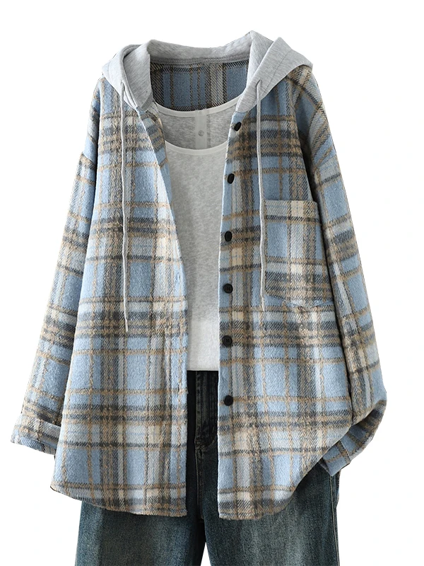 Retro Hong Kong Sle Women's irt Coat Hooded Loose Long Sve Thiened Versatile Outerwear Comfortable Fit Winter Coat