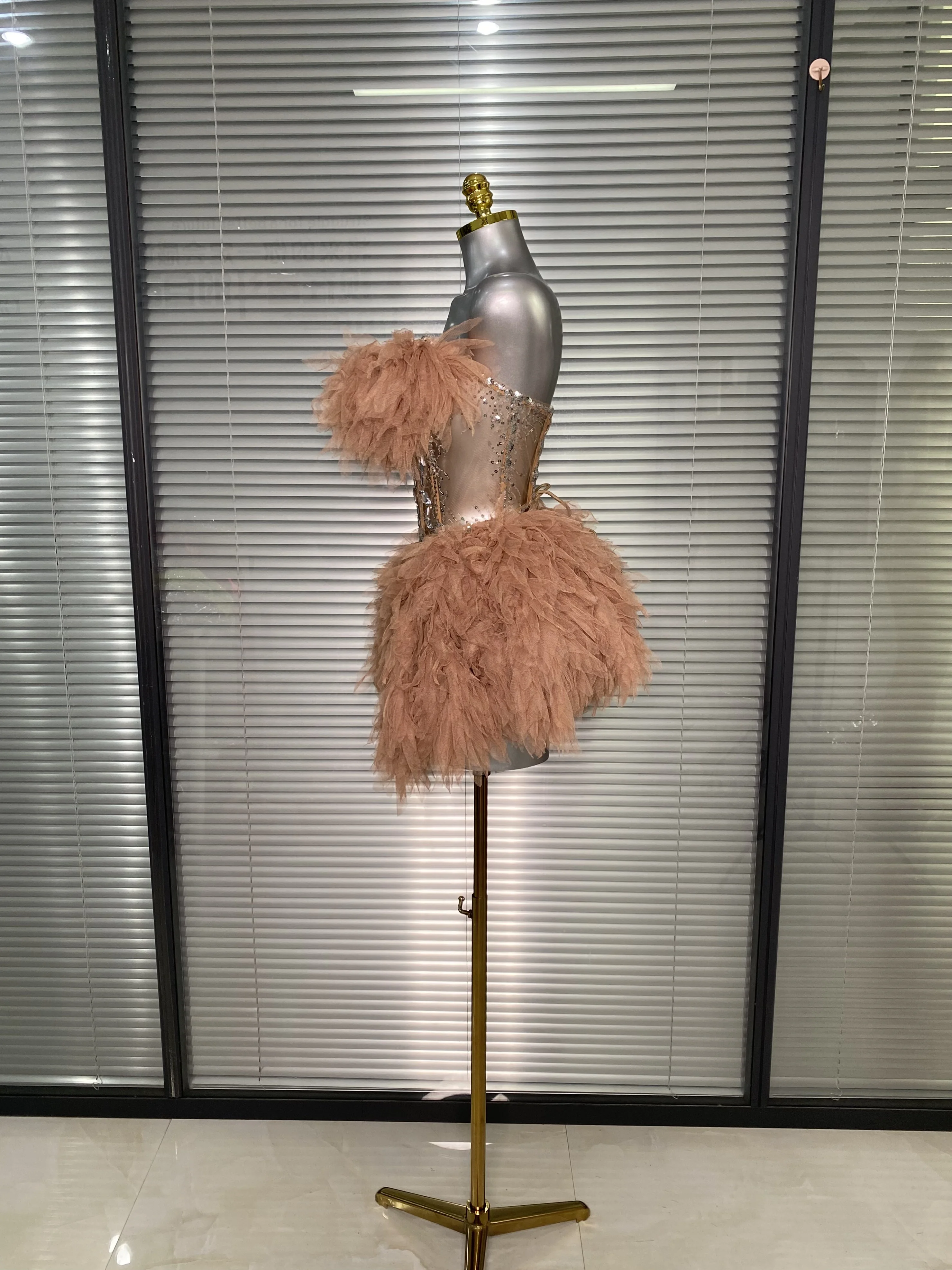 Feminino sexy cristal marrom duas peças conjunto brilhante night club saia ternos cantor dançarino palco desempenho traje