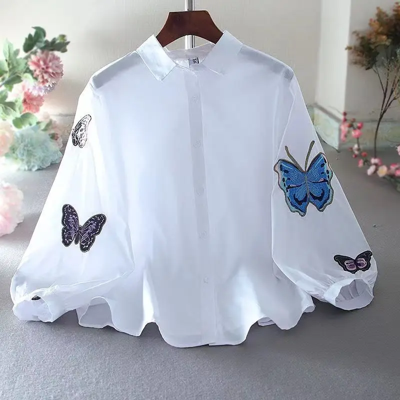 Vintage Embroidery Loose Blouse Summer New 3/4 Sleeve Polo Neck Solid Striped White Shirt Tops Casual Fashion Women Clothing