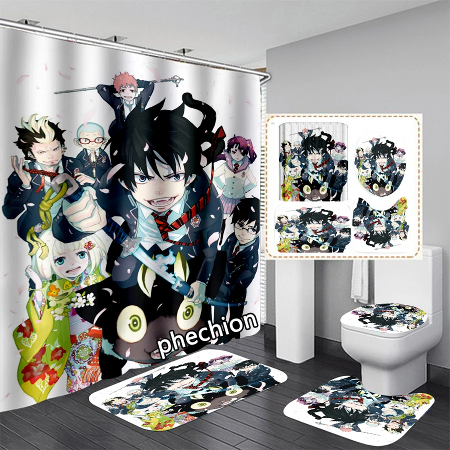 phechion Anime Blue Exorcist 3D Print Waterproof Bathroom Shower Curtains Toilet Cover Mat Non-Slip Floor Mat (1/3/4Pcs) W90