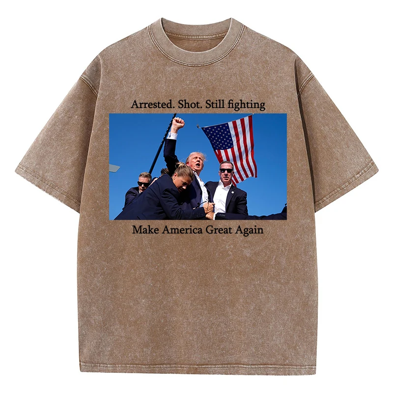 

Arrested Shot Still Fighting Make America Great Again Donald Trump Male T Shirts Summer American Retro Cotton Breathable