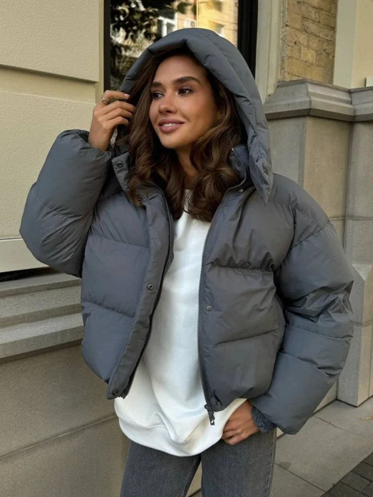 

Casual Solid Hooded Short Parker Coat For Women Warm Long Sleeves Loose Pocket Zipper Winter Long Sleeves 2025 Parker Coat