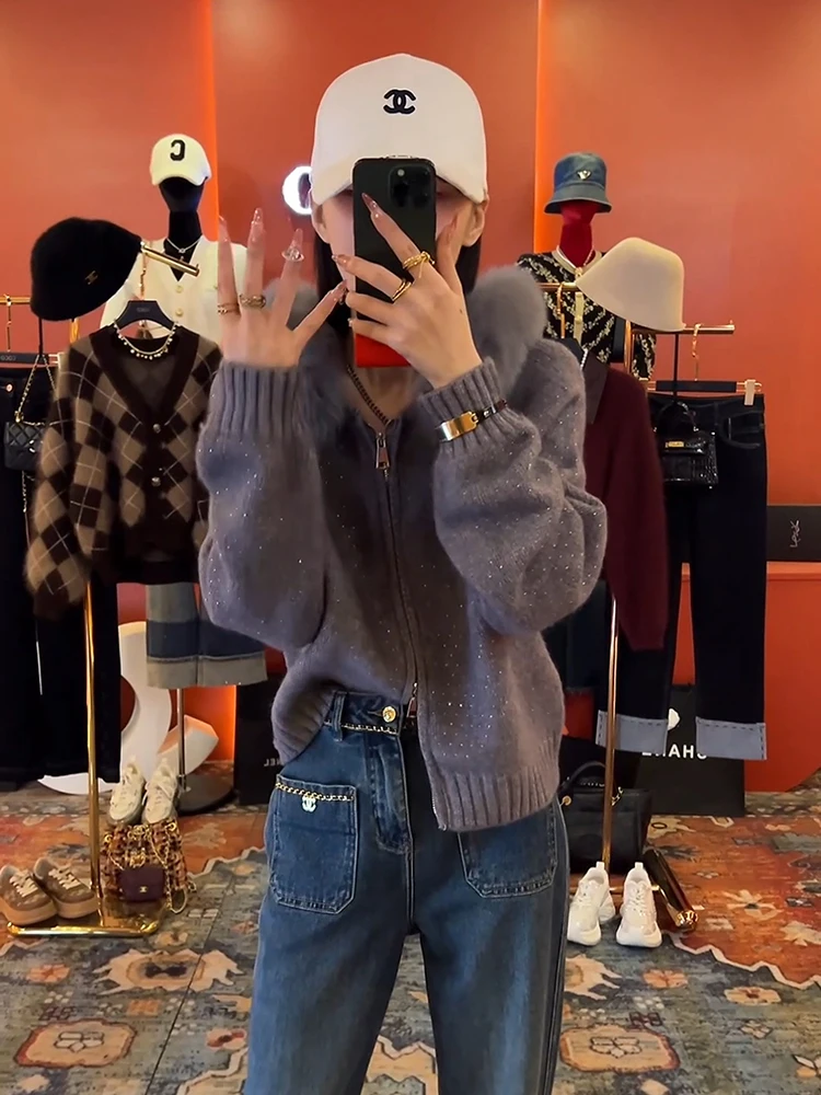 

Корейский свитер с капюшоном на молнии для девочек, пальто с большим меховым воротником, вязаный топ, длинный свеч, Camere, круглый Ne Commute F...