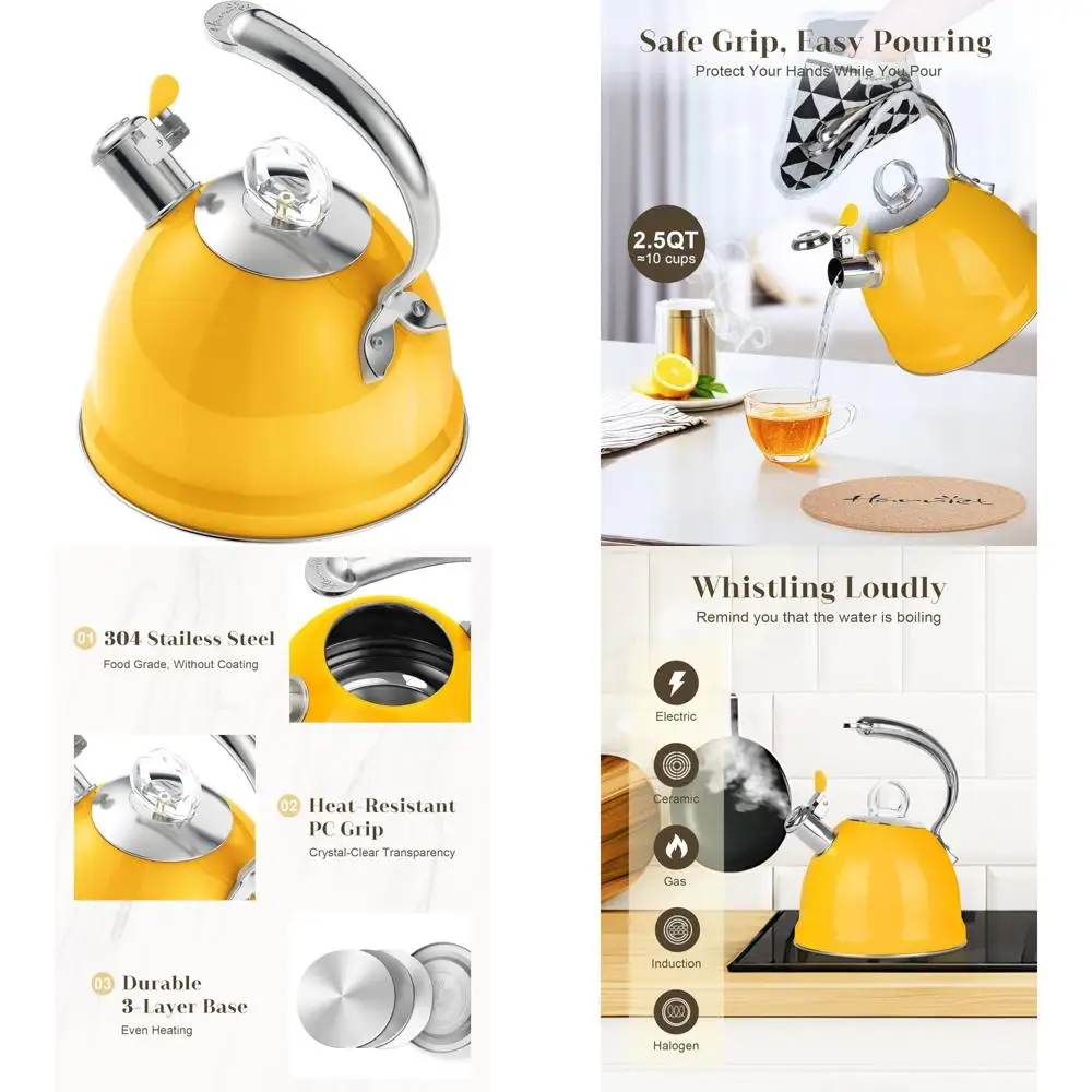 

Чайник из нержавеющей стали со свистком, 2,5 литра, 3-слойное основание, эргономичная ручка, в комплект входит держатель для кастрюли, чайник с плитой уникального дизайна