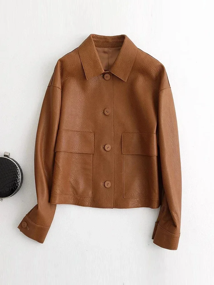 Casual Simple Genuine Leather Jacket for Women Spring Autumn 2024 Trend High-end Single Breasted Cropped Sheepskin Coat