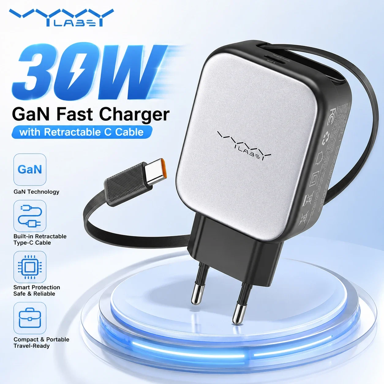 Vyvylabs 30W GaN Type C Charger with Retractable Type C Cable PD Fast Charging EU Plug for iPhone 15 16 Plus 17 Pro Max