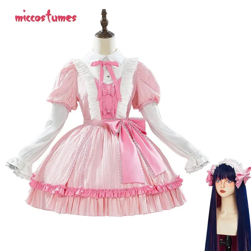 25 cosmiccostumes feminino calcinha meia cosplay traje rosa lolita vestido conjunto com acessório de cabeça e coxa meias altas