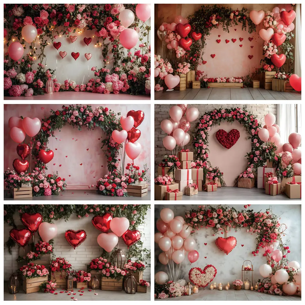 Valentine's Day Backdrop February 14 Romantic Valentine Flower Love Heart Balloon Wedding Bride Shower Photography Background